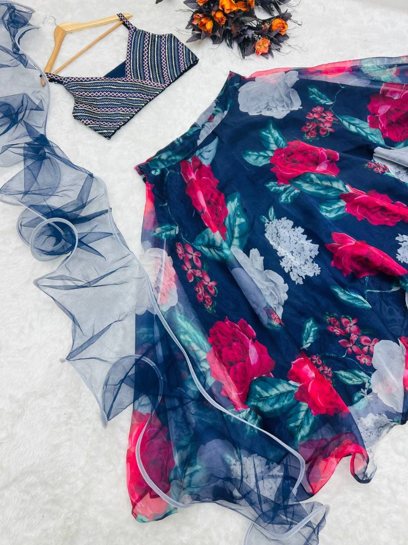 Navy blue organza floral printed lehenga choli