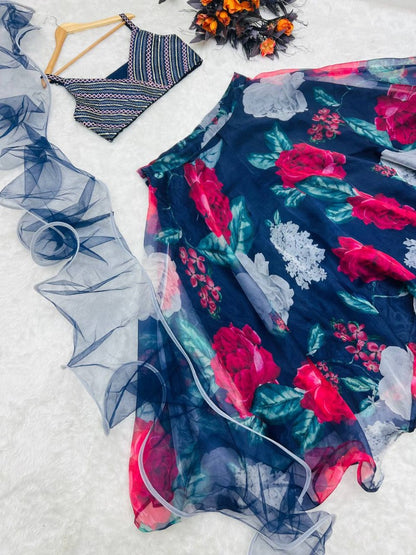 Navy blue organza floral printed lehenga choli