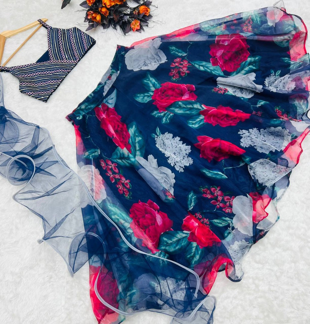 Navy blue organza floral printed lehenga choli