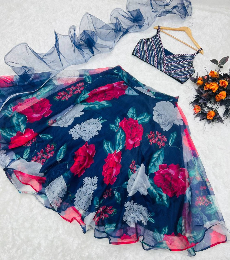 Navy blue organza floral printed lehenga choli