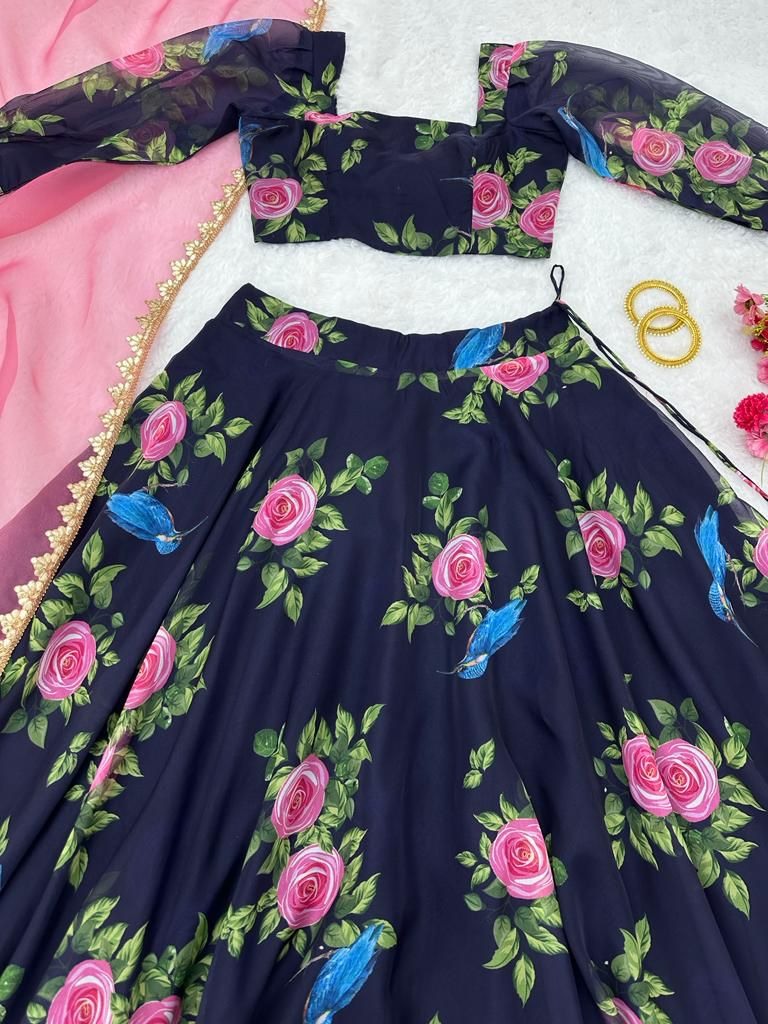 Navy blue organza floral printed lehenga choli