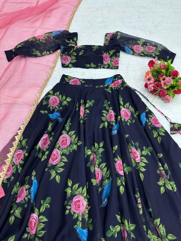 Navy blue organza floral printed lehenga choli