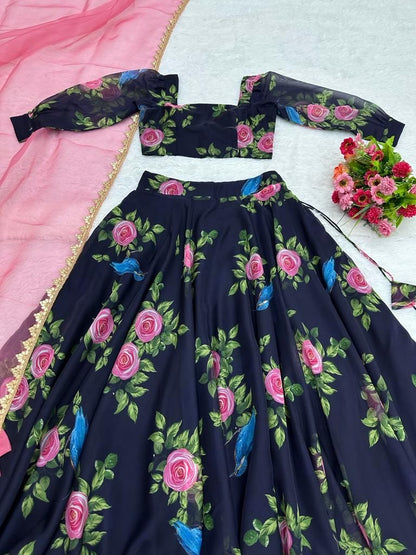 Navy blue organza floral printed lehenga choli