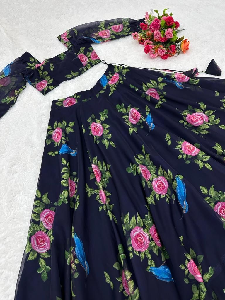 Navy blue organza floral printed lehenga choli
