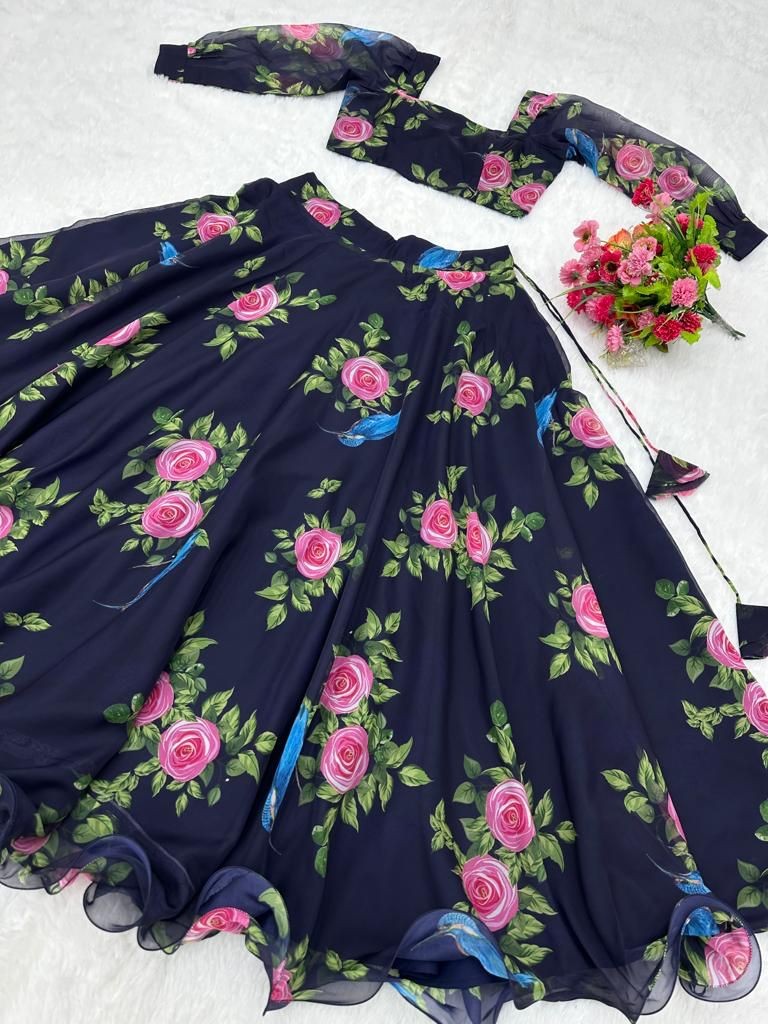 Navy blue organza floral printed lehenga choli