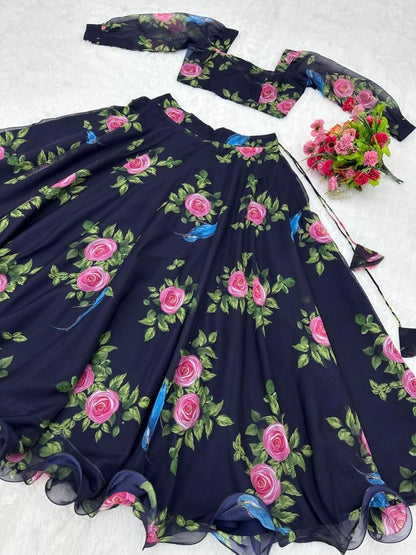 Navy blue organza floral printed lehenga choli