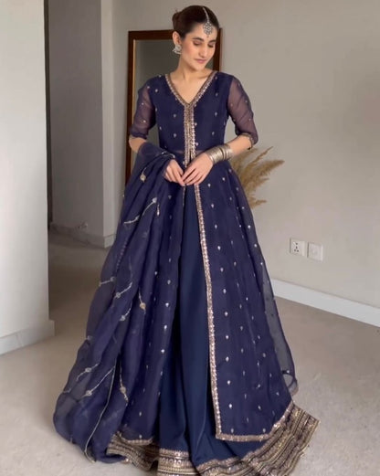 Navy blue organza lehenga choli with shrug for ceremony