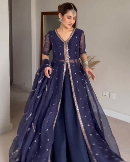 Navy blue organza lehenga choli with shrug for ceremony