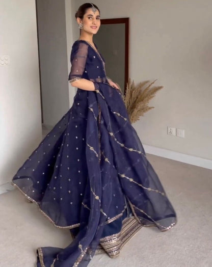 Navy blue organza lehenga choli with shrug for ceremony