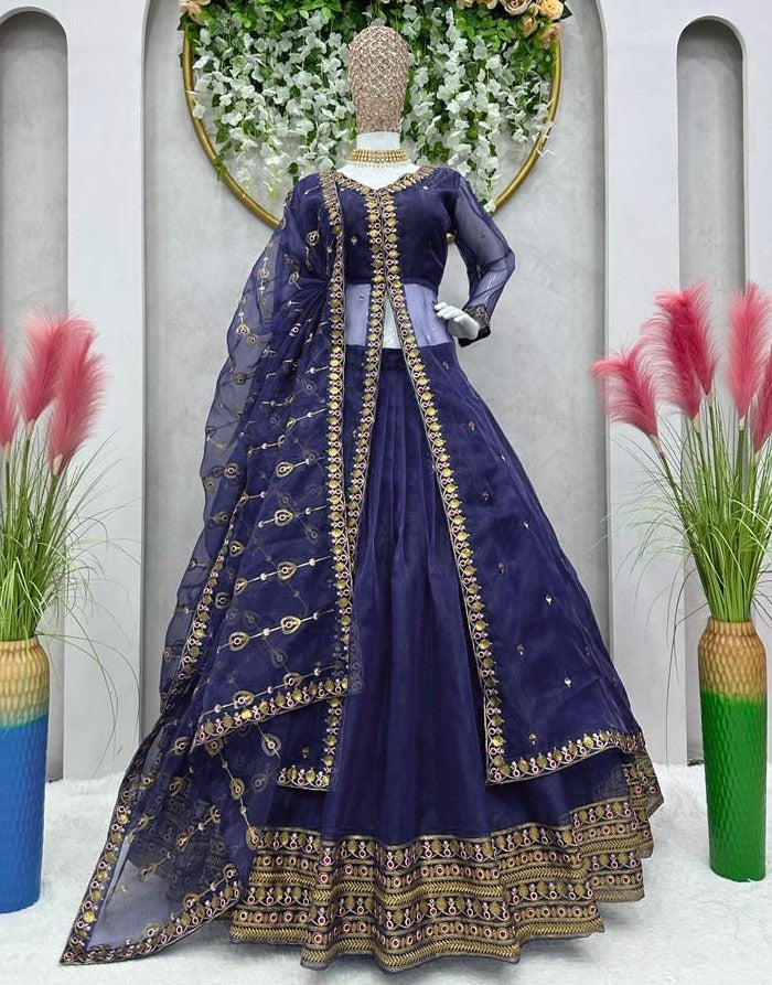 Navy blue organza lehenga choli with shrug for ceremony