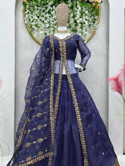 Navy blue organza lehenga choli with shrug for ceremony