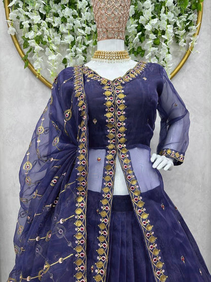 Navy blue organza lehenga choli with shrug for ceremony