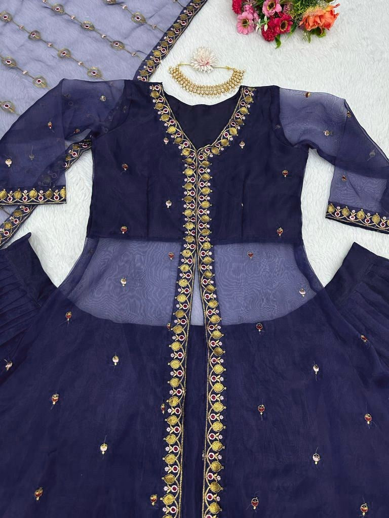 Navy blue organza lehenga choli with shrug for ceremony