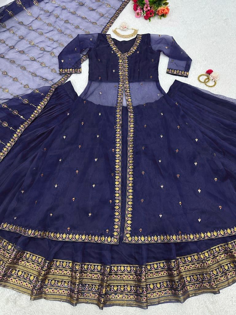 Navy blue organza lehenga choli with shrug for ceremony