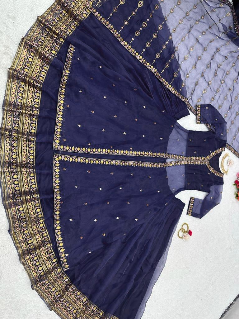 Navy blue organza lehenga choli with shrug for ceremony