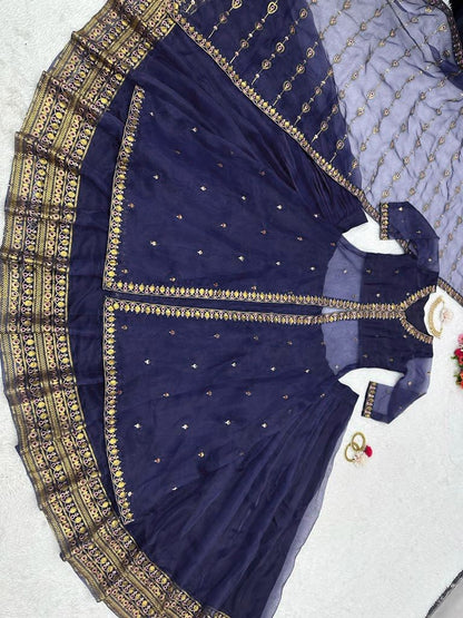 Navy blue organza lehenga choli with shrug for ceremony