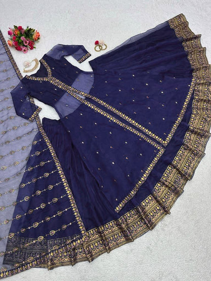 Navy blue organza lehenga choli with shrug for ceremony