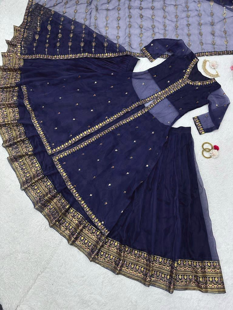 Navy blue organza lehenga choli with shrug for ceremony