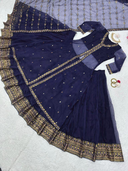 Navy blue organza lehenga choli with shrug for ceremony