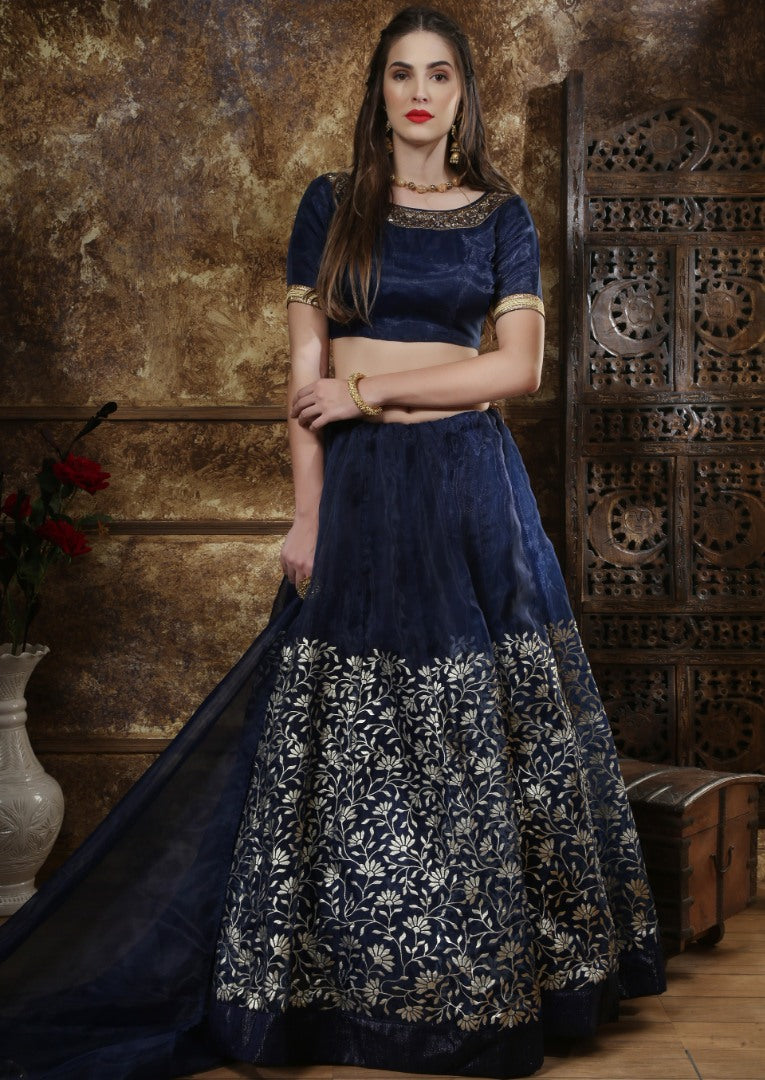 Navy blue organza metallic foil wok ceremonial lehenga choli