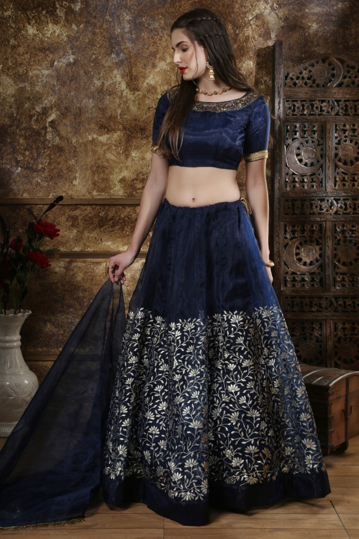Navy blue organza metallic foil wok ceremonial lehenga choli