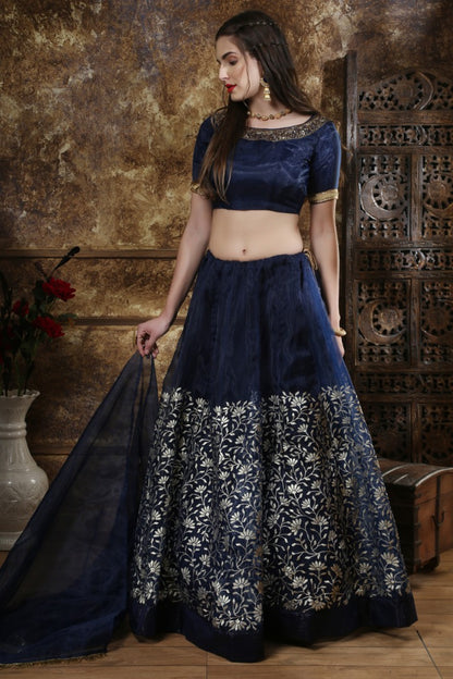 Navy blue organza metallic foil wok ceremonial lehenga choli