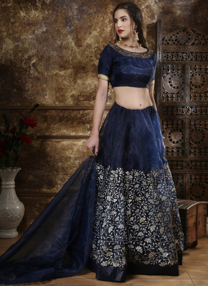 Navy blue organza metallic foil wok ceremonial lehenga choli
