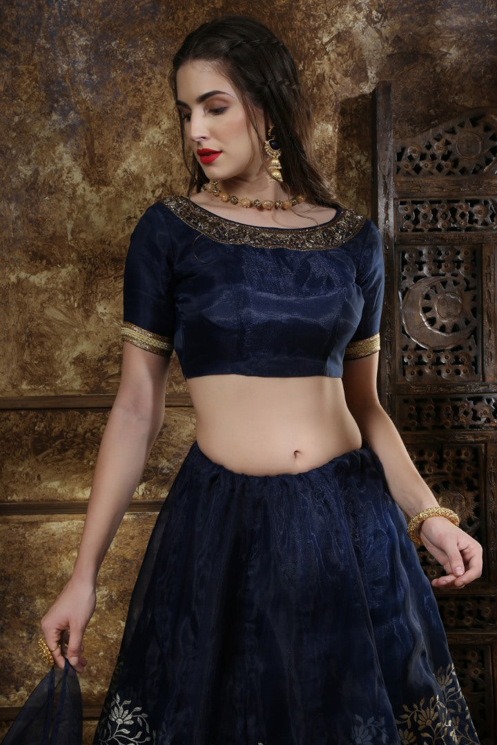 Navy blue organza metallic foil wok ceremonial lehenga choli