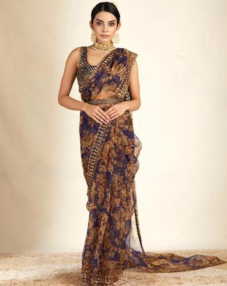 Navy blue organza with print and cording sequence work saree