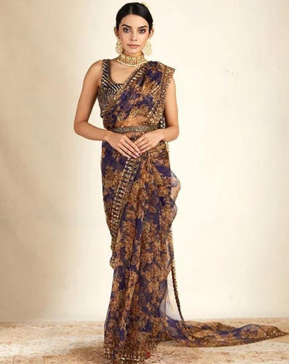 Navy blue organza with print and cording sequence work saree