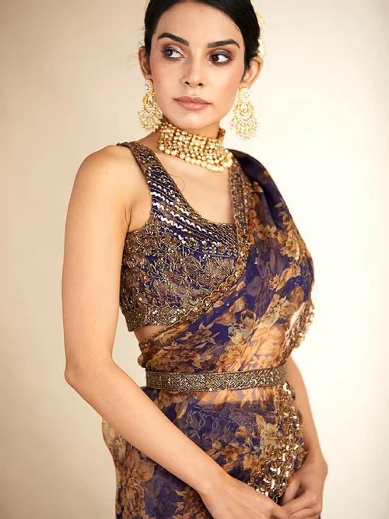 Navy blue organza with print and cording sequence work saree