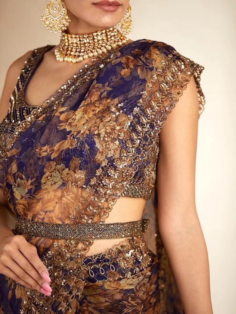Navy blue organza with print and cording sequence work saree
