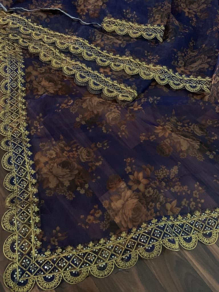 Navy blue organza with print and cording sequence work saree