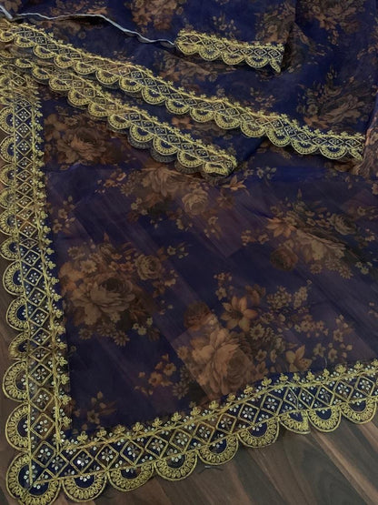 Navy blue organza with print and cording sequence work saree