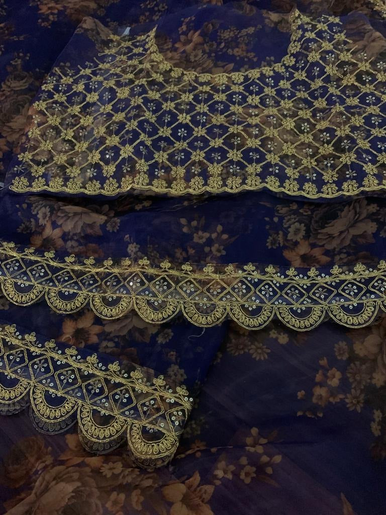 Navy blue organza with print and cording sequence work saree