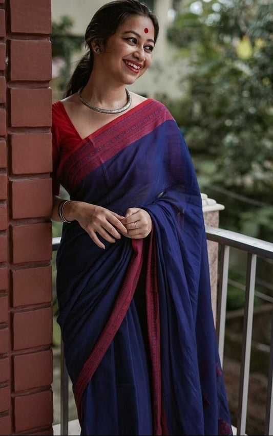 Navy blue original chanderi linen digital printed work saree