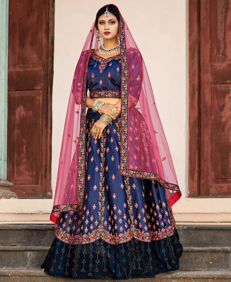 Navy blue pure satin designer embroidered Bridal lehenga choli