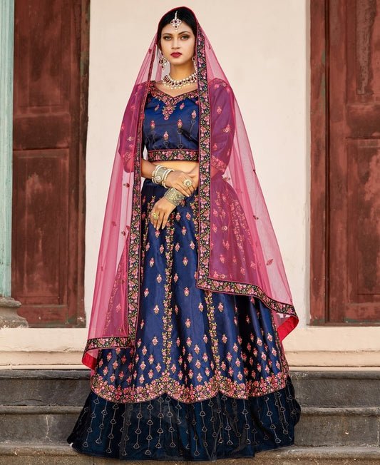 Navy blue pure satin designer embroidered Bridal lehenga choli