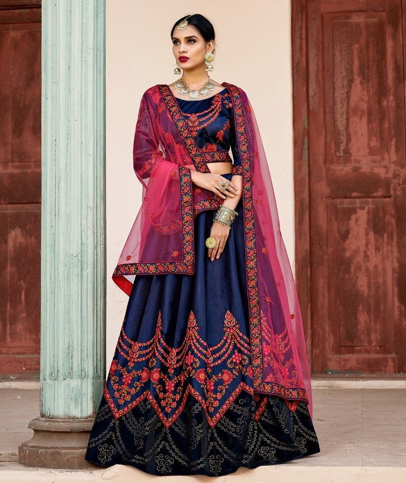 Navy blue pure satin designer embroidered bridal lehenga choli