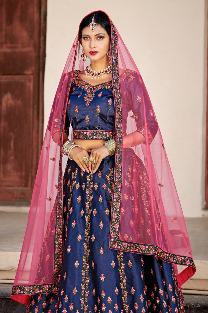 Navy blue pure satin designer embroidered Bridal lehenga choli