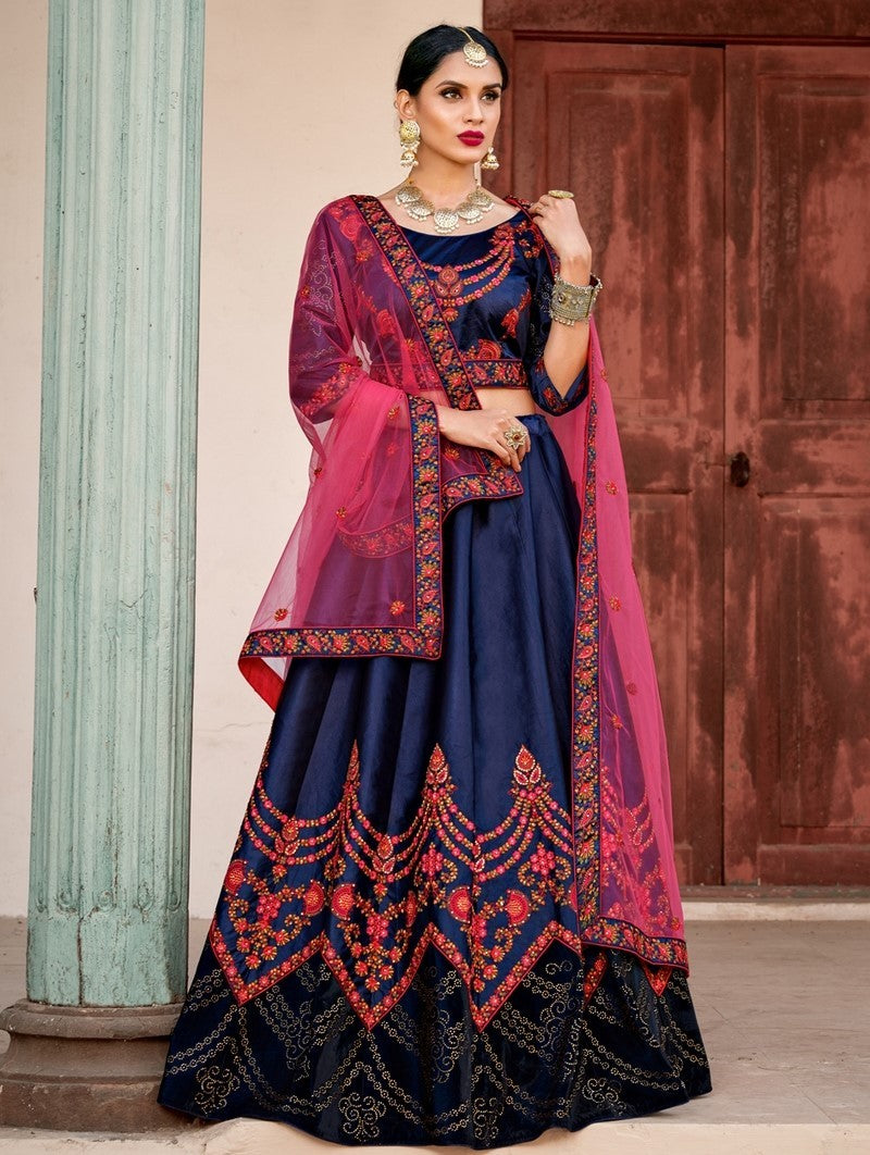 Navy blue pure satin designer embroidered bridal lehenga choli