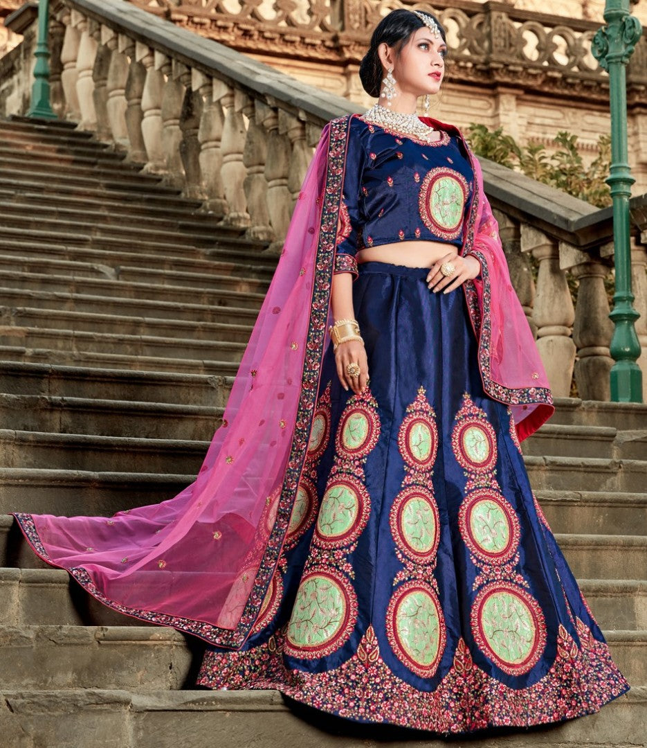 Navy blue pure satin heavy embroidered designer wedding lehengha