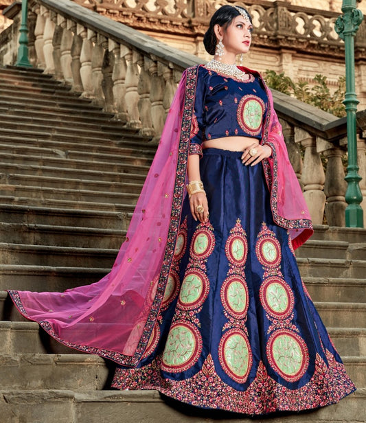 Navy blue pure satin heavy embroidered designer wedding lehengha