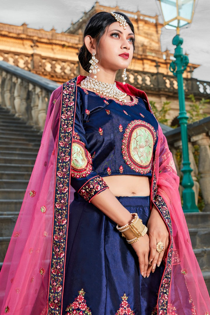 Navy blue pure satin heavy embroidered designer wedding lehengha