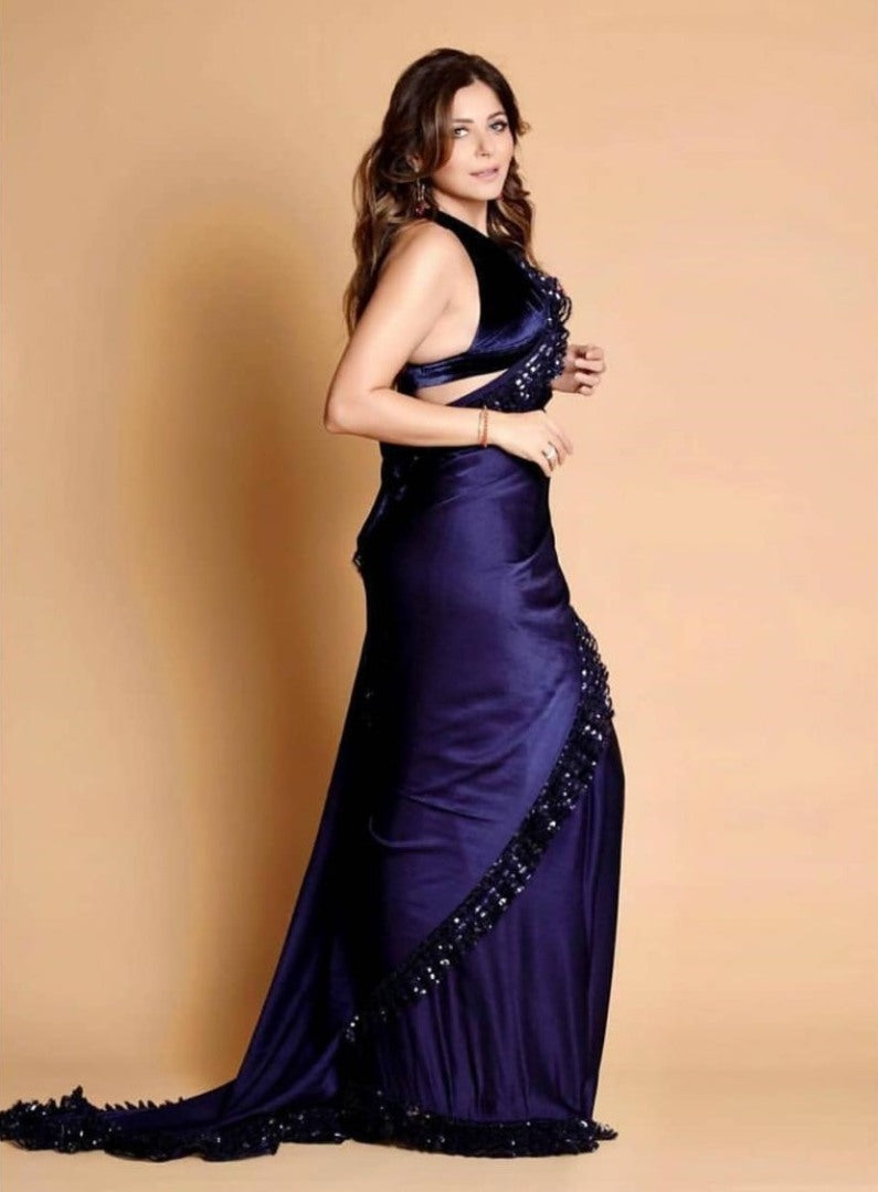 Navy blue pure satin sequence work partywear saree