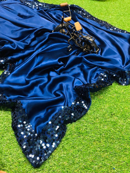 Navy blue pure satin sequence work partywear saree