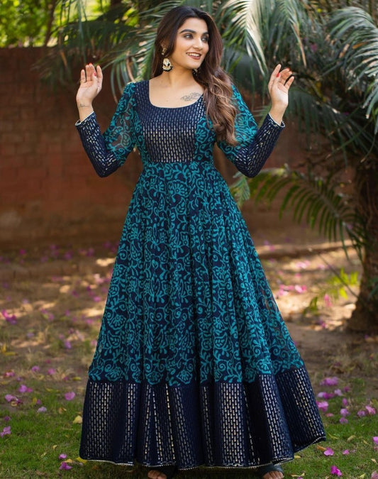Navy blue rama georgette print and sequence work party wear gown