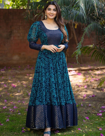 Navy blue rama georgette print and sequence work party wear gown