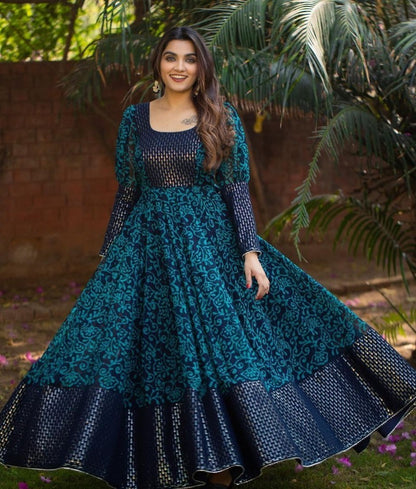 Navy blue rama georgette print and sequence work party wear gown