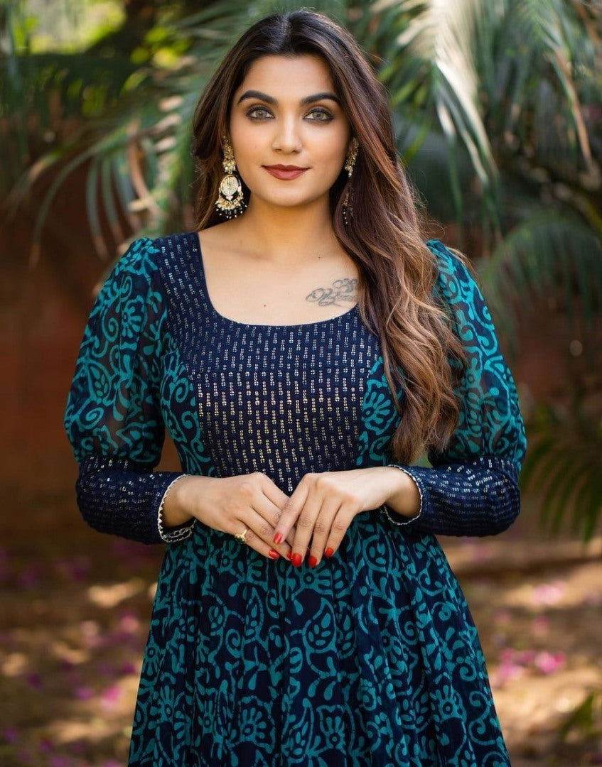 Navy blue rama georgette print and sequence work party wear gown